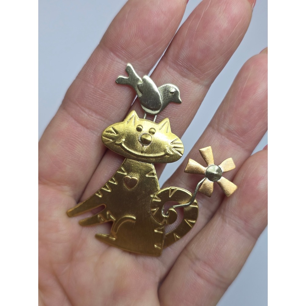 Vintage Whimsical Mixed Metal Cat Bird Flower Brooch Pin Gold Silver Copper Tone